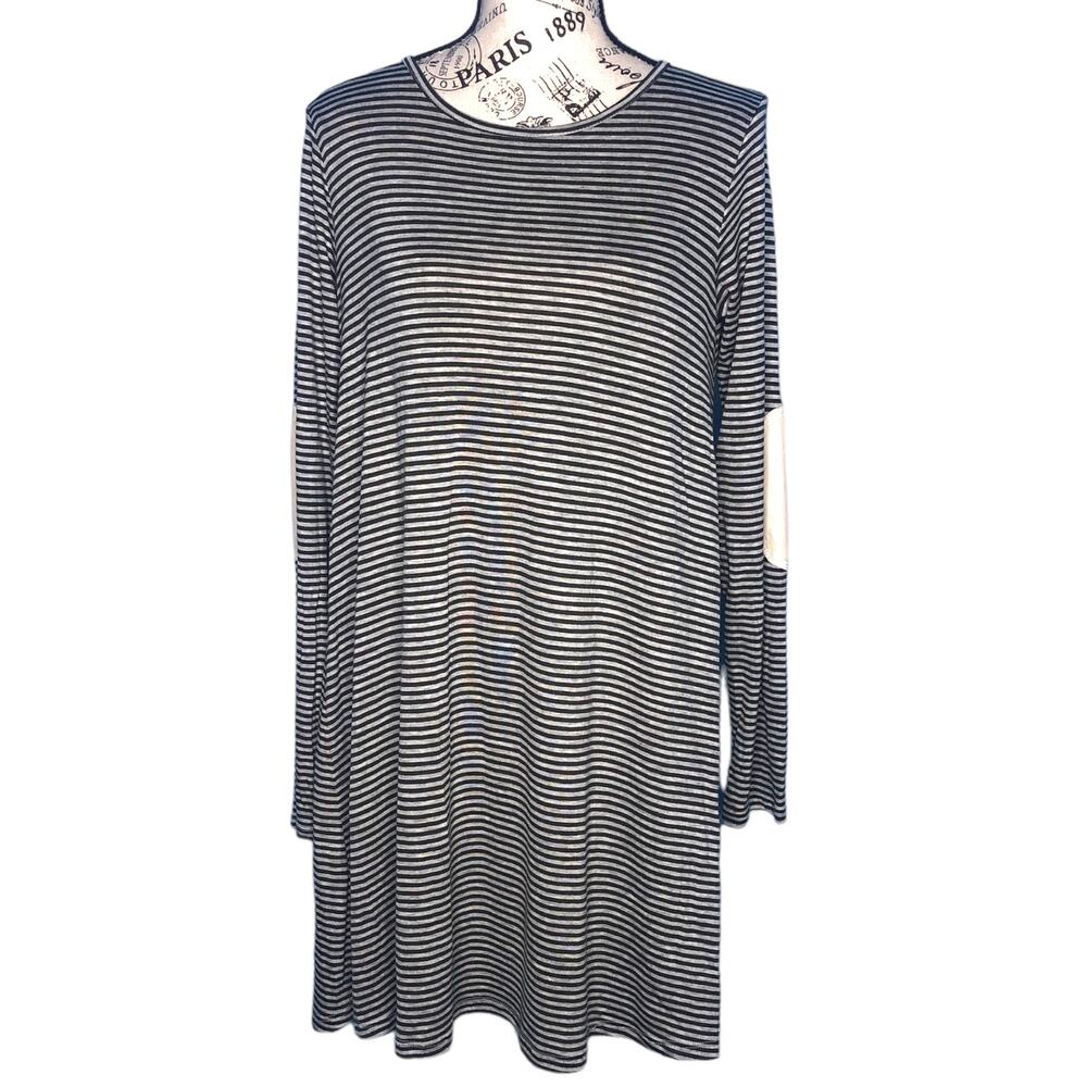 Sweet Claire (M) Striped Elbow Patch Back Button Long Sleeve T-shirt Dress
